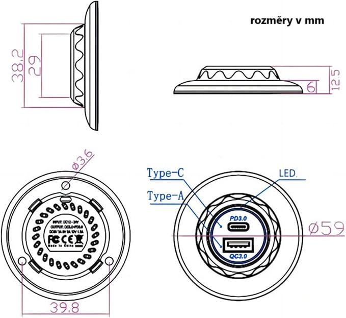 Duální USB nabíječka zásuvka pro nabíjení do karavanu 2x QC3 12V, kulatá