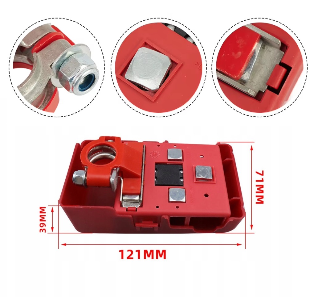 Svorka na baterii s pojistkami, distribuční rozhraní pro kladný pól autobaterie 12-32V s krytem