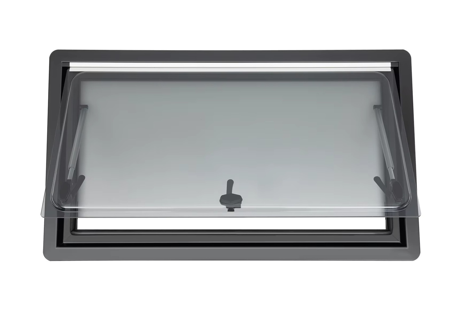 RV Camper Boční okno akrylové s výklopným systémem, roletka, moskytiéra a vnitřní rámeček, vnější barva černá, rozměr 900x500mm