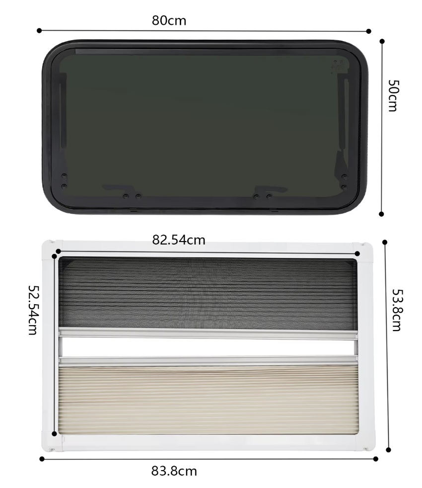 RV Camper Boční okno s tvrzeným sklem s výklopným systémem, zaoblené, roletka, moskytiéra a vnitřní rámeček, vnější barva černá, rozměr 800x500mm