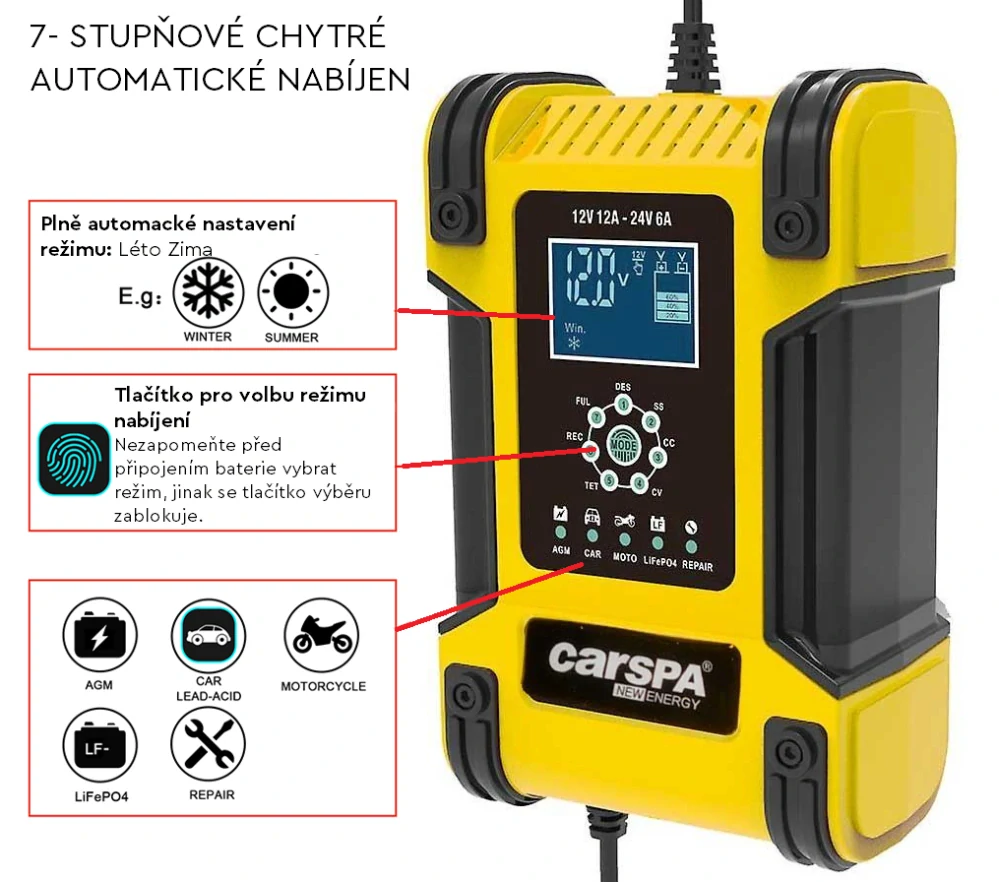 Automatická univerzální nabíječka pro olověné (AGM, Gel, zaplavené), LiFePO4 baterie, 12A 12V nebo 24 V (6A)