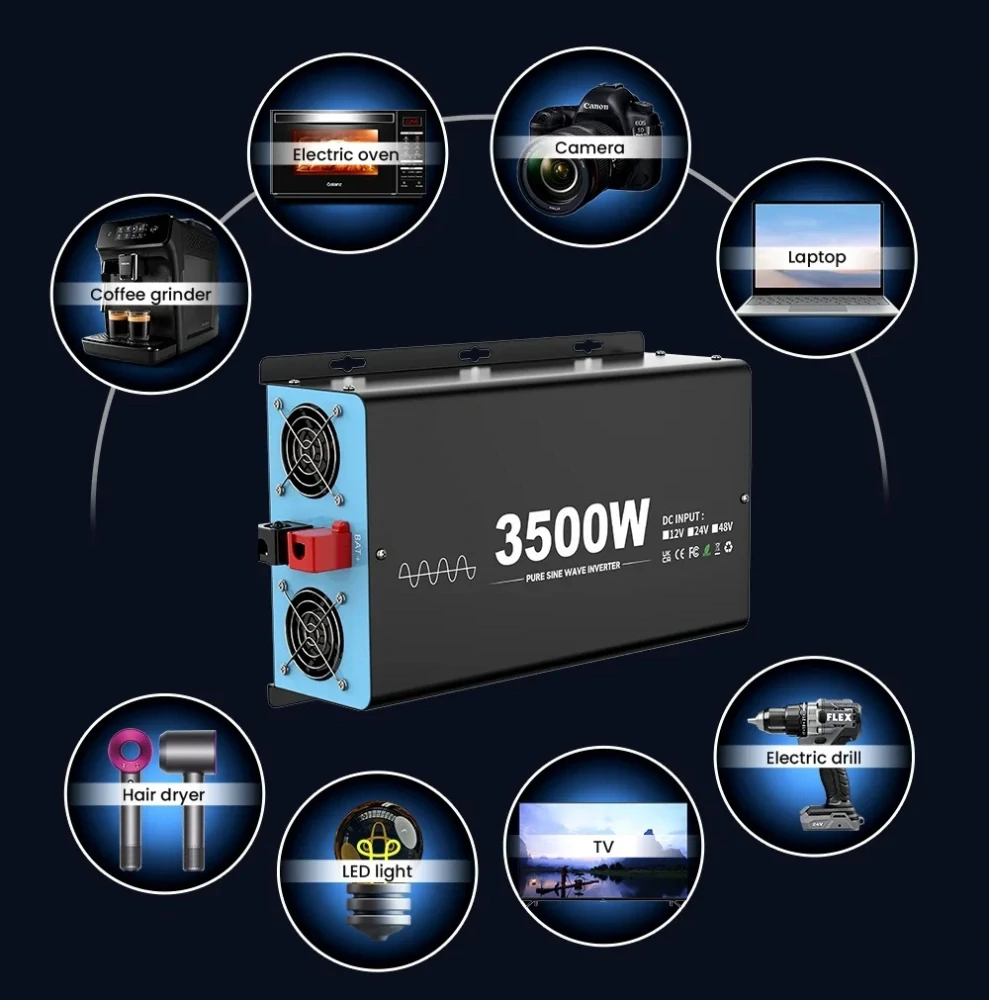 Měnič napětí z 12/230V 3500W, porty USB, PD 30W,  vzdálený kontrolní panel, čistý sinus