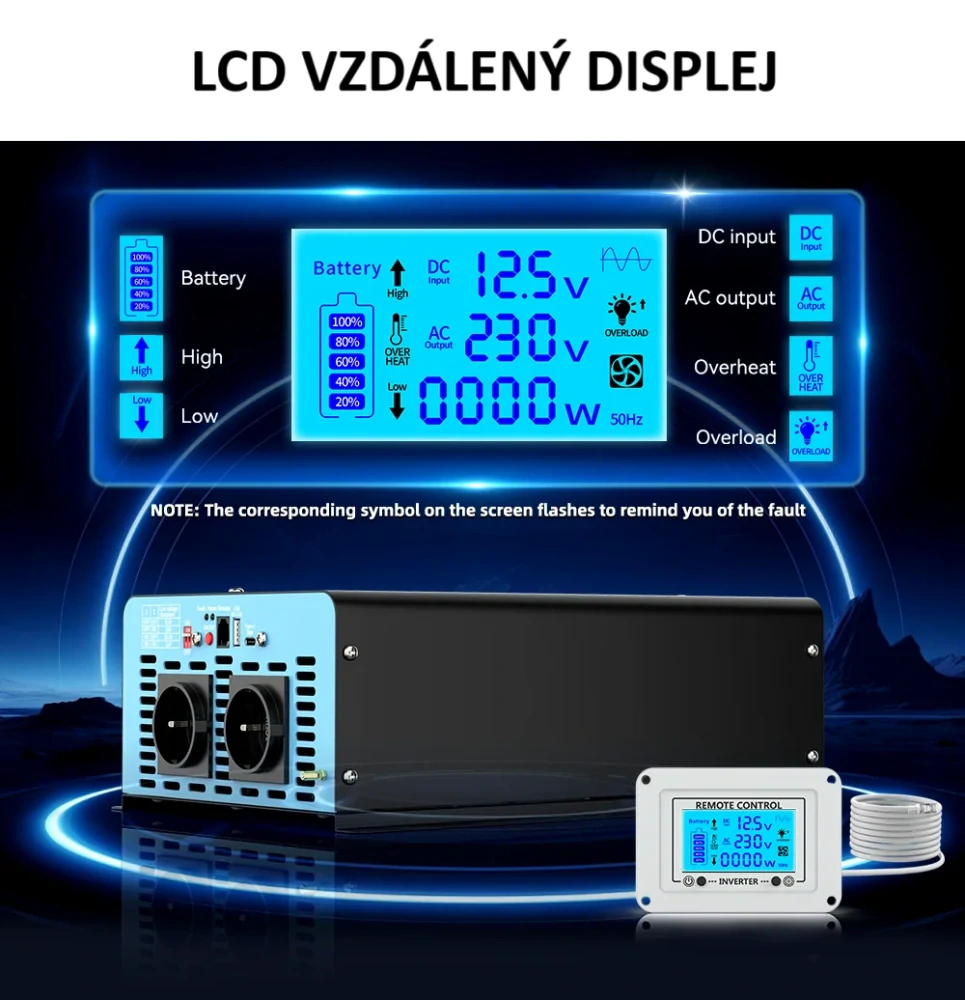 Měnič napětí z 12/230V 1500W, porty USB, PD 30W,  vzdálený kontrolní panel, čistý sinus