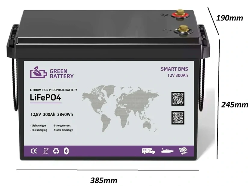 Baterie LiFePO4 12,8V 300Ah, 3840Wh, smart BMS, Lithium-železo-fosfátová baterie, BMS 200A