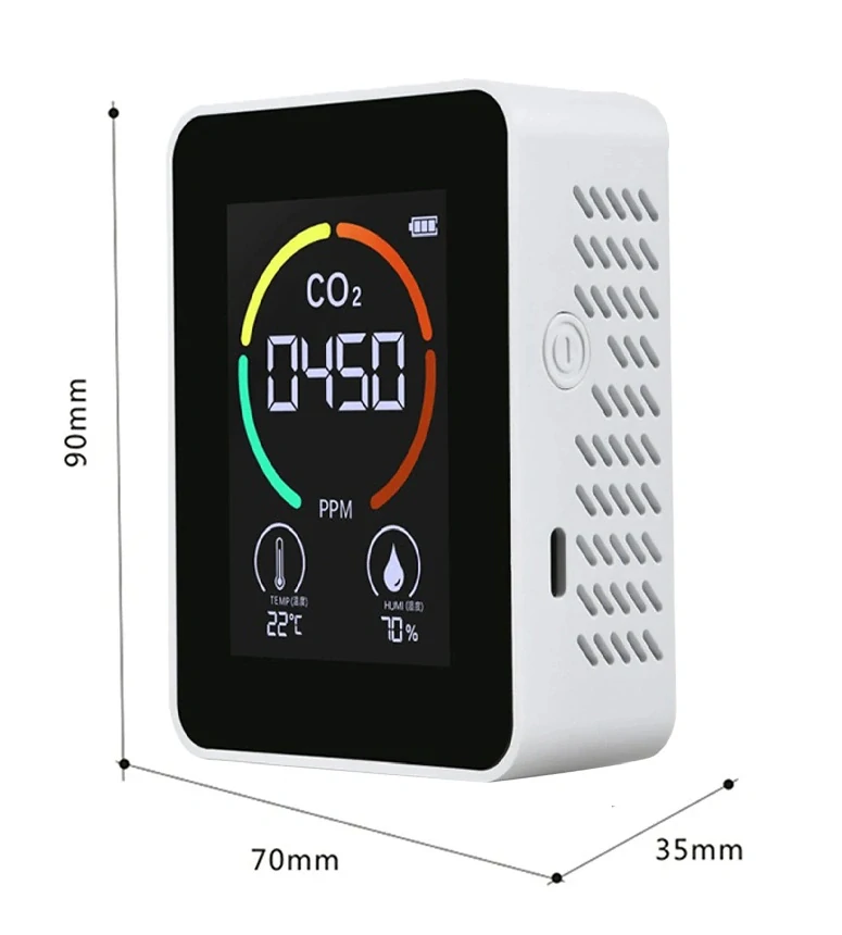 Detektor CO2, připojení USB-C, integrovaná baterie 1200mAh, rozsah měření 400-5000 PPM 
