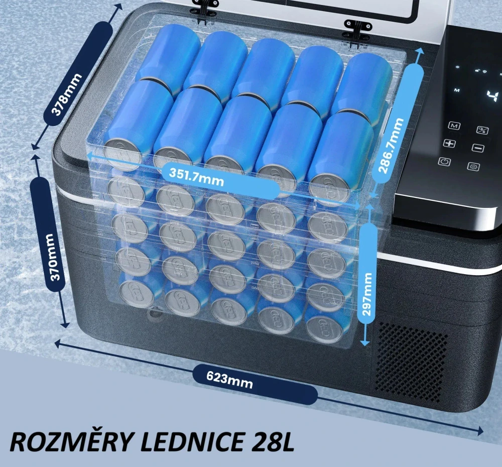 Autochladnička kompresorová, autolednice, objem 28l, napájení 12V, 24V nebo 230V, LCD displej, vnitřní osvětlení