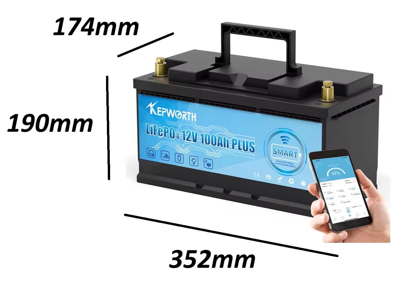 Baterie LiFePO4 12,8V 100Ah, 1280Wh, včetně nabíječky 7A, bluetooth smart BMS, Lithium-železo-fosfátová baterie