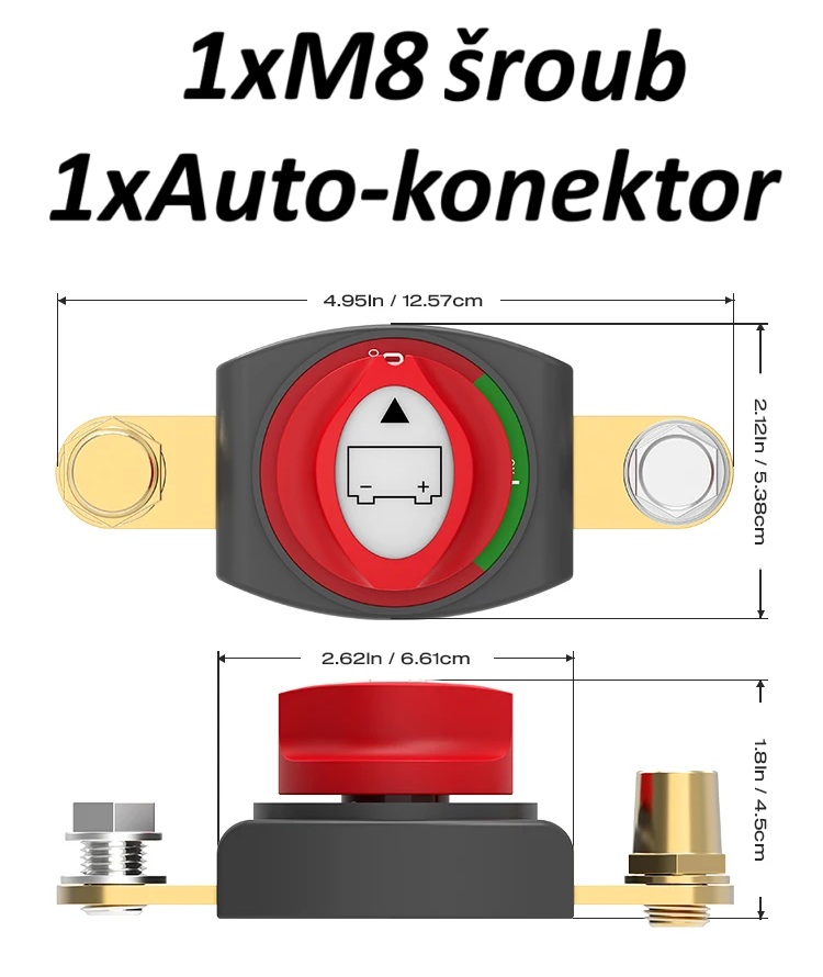 Bateriový propojovač/odpojovač 275A - 2 pozice (ON, OFF), připojení šroub M8 a auto-konektor