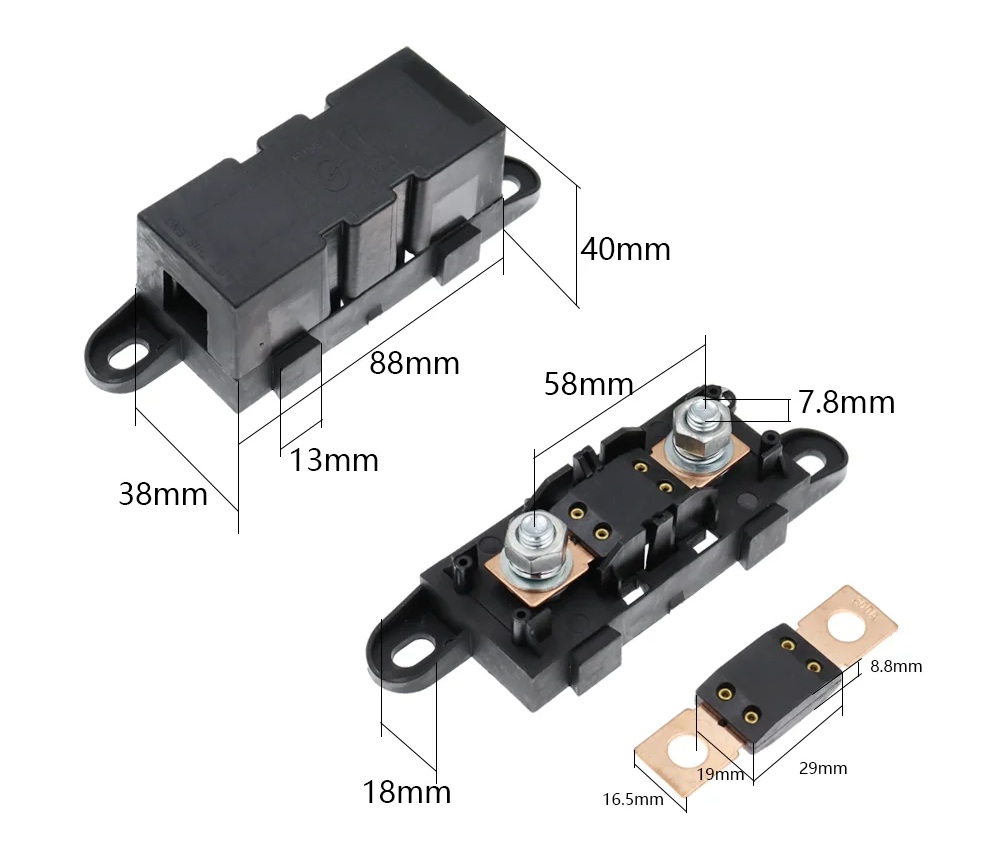 Pouzdro na pojistku MEGA včetně pojistky 200A pro systémy s napětím 12-32V, držák pojistky MEGA včetně pojistky 200A