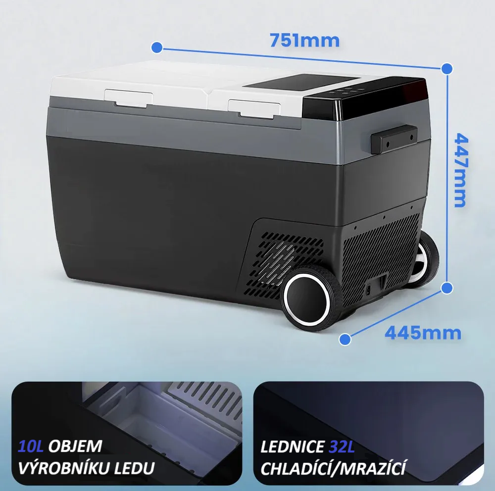 Autochladnička kompresorová s výrobníkem ledu, autolednice, objem 42l, napájení 12V, 24V nebo 230V, LCD displej, výrobník ledu