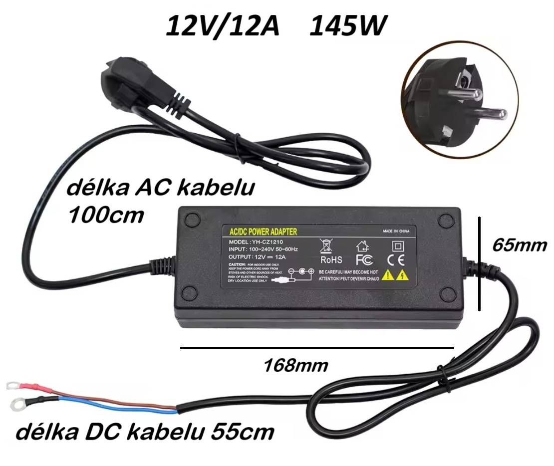 Transformátor elektronický, 12V/12A 145W, převaděč napětí z 240V na 12V, měnič napětí z 240V na 12V