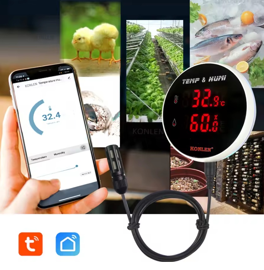 Wifi smart teplotní senzor s měřením vlhkosti s digitálním displejem a vzdáleným kabelovým senzorem 3m, rozsah měření -40°C - 120°C, Tuya/Smart Life