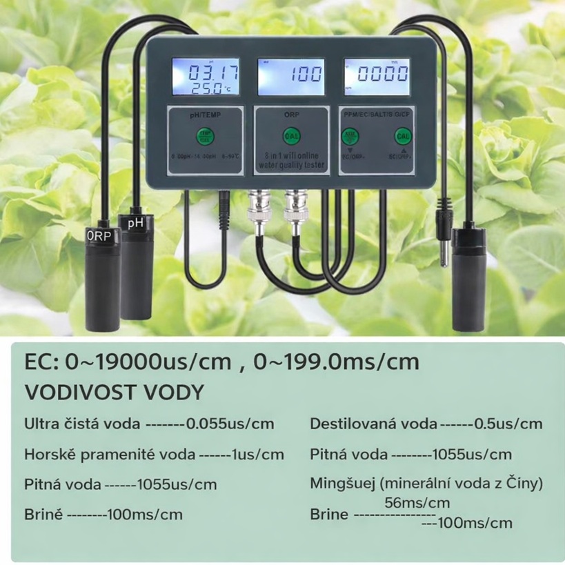 Online Wifi monitor kvality vody pro akvária nebo hydroponické systémy, měření PH a EC, možnost vzdáleného sledování