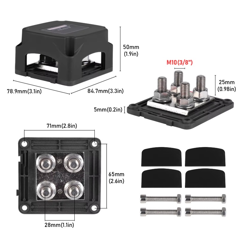 Propojovací termínál 4x M10 silová sběrnice (Bus Bar) 400 A / 48 V – rozvodný blok z pocínované mědi - černý