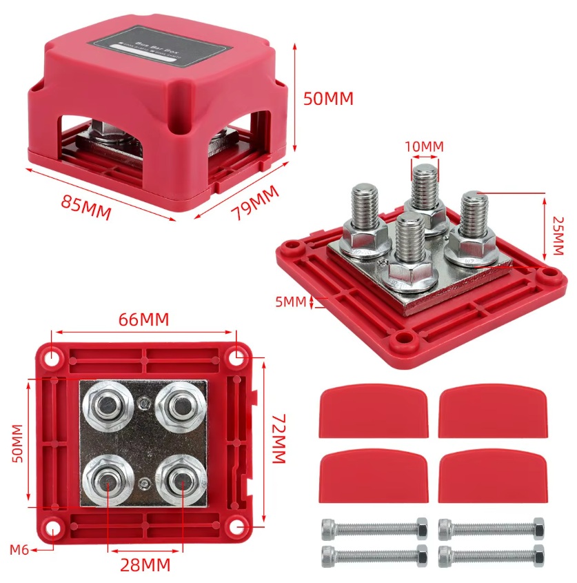 Propojovací termínál 4x M10 silová sběrnice (Bus Bar) 400 A / 48 V – rozvodný blok z pocínované mědi - červený