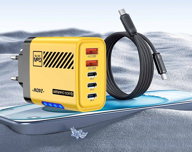 Univerzální GaN rychlonabíječka 240W žlutá – 5 portů (3x USB-C, 2x USB-A) pro notebooky, tablety a telefony