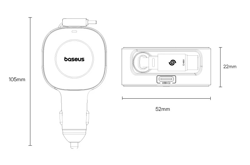 Autonabíječka 2x30W se zatahovacím USB-C kabelem pro rychlé nabíjení telefonů