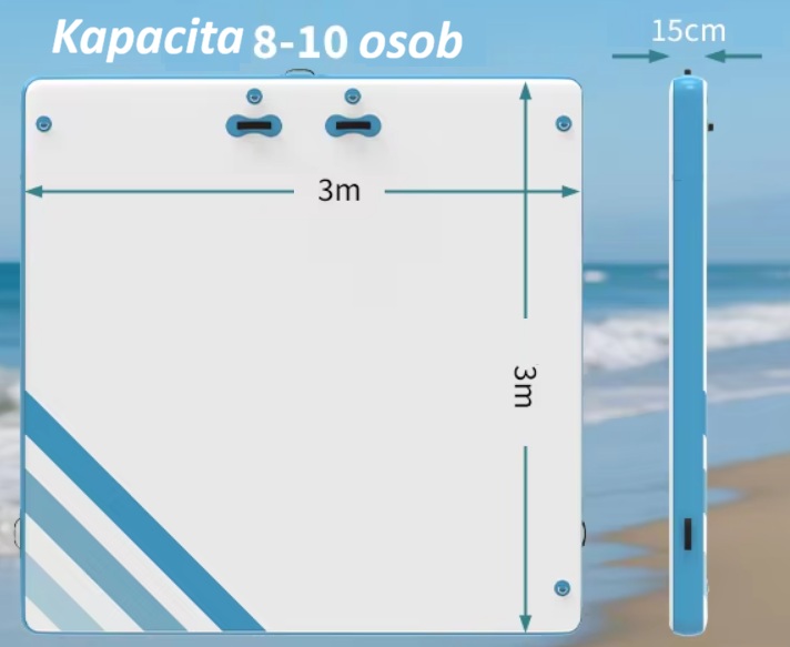 Nafukovací plovoucí molo / dok 300 x 300 cm s protiskluzovým povrchem, vysoká pevnost a nosnost, nafukovací ventil typu H-R (paddleboard)