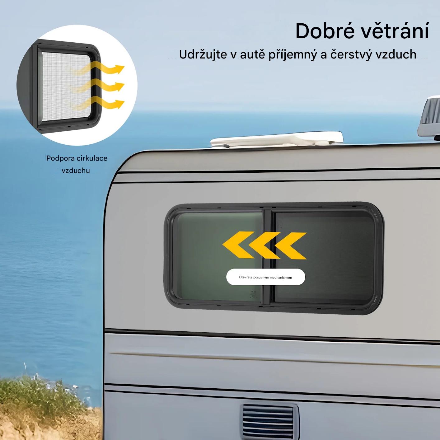 RV Camper Boční okno černé posuvné, moskytiéra a vnitřní rámeček, vnější barva černá, rozměr 900x300mm