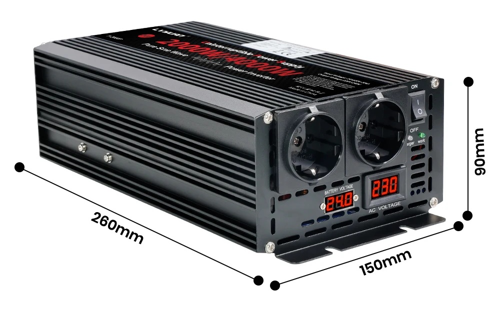 Měnič napětí z 12/230V 2500W, integrovaný displej s měřením napětí 12V a 230V, záložní zdroj UPS s čistou sinusoidou