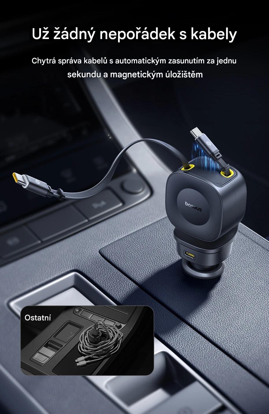 Autonabíječka 60W s 2x zatahovacím USB-C kabelem pro rychlé nabíjení telefonů