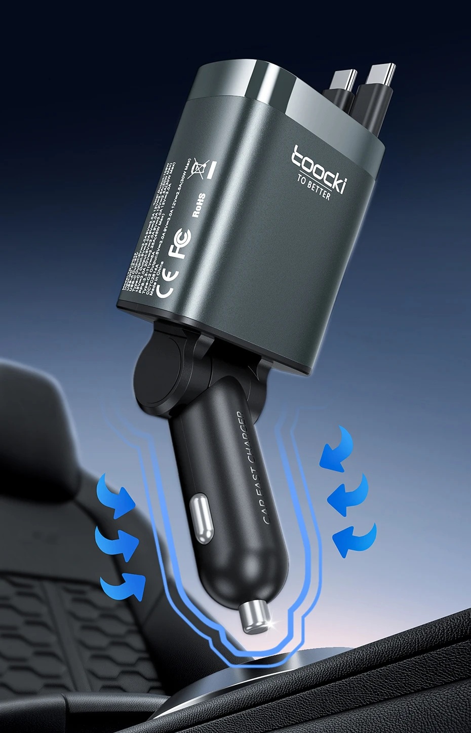 Autonabíječka 2x30W se zatahovacím USB-C kabelem pro rychlé nabíjení telefonů