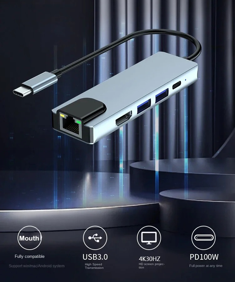 Kompaktní USB-C Hub 5-v-1 s RJ45 Ethernetem a 4K HDMI