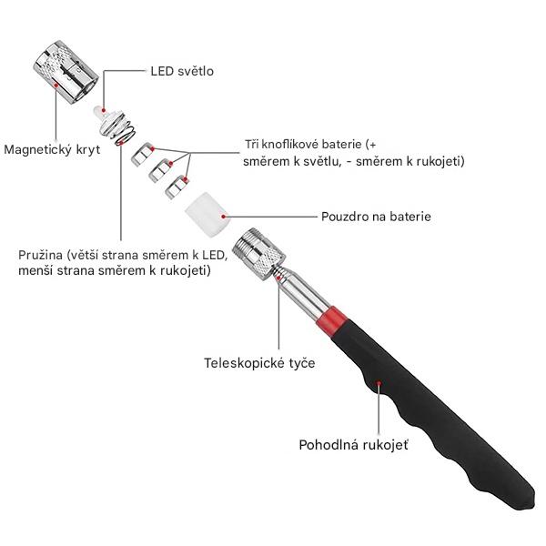 Teleskopický magnet s LED světlem 80 cm vysoce výkonný magnetický podavač s LED diodou pro automechaniky