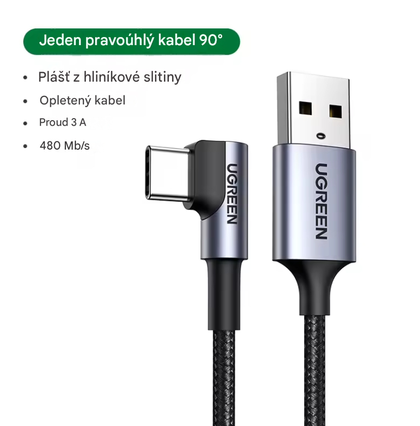 Ugreen 90° zahnutý USB-C kabel 1m – herní nabíjecí kabel 3A