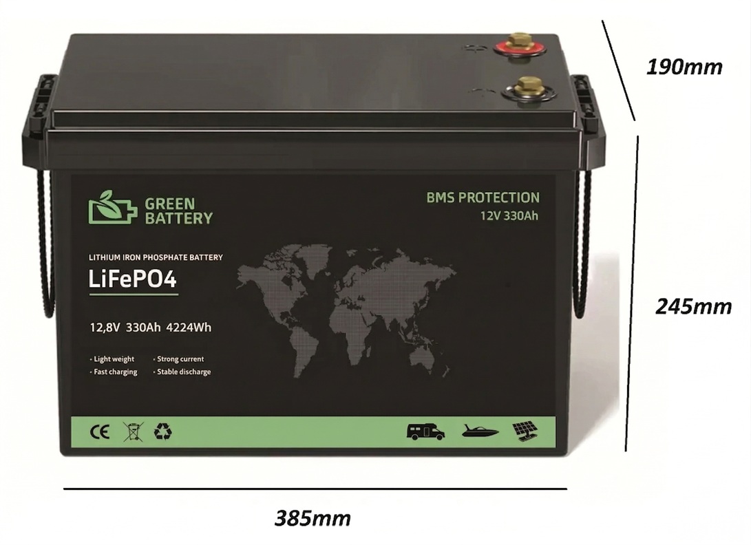 Baterie LiFePO4 12,8V 330Ah, 4224Wh, BMS, Nabíječka 10A, integrovaný displej, Lithium-železo-fosfátová baterie, BMS 100A