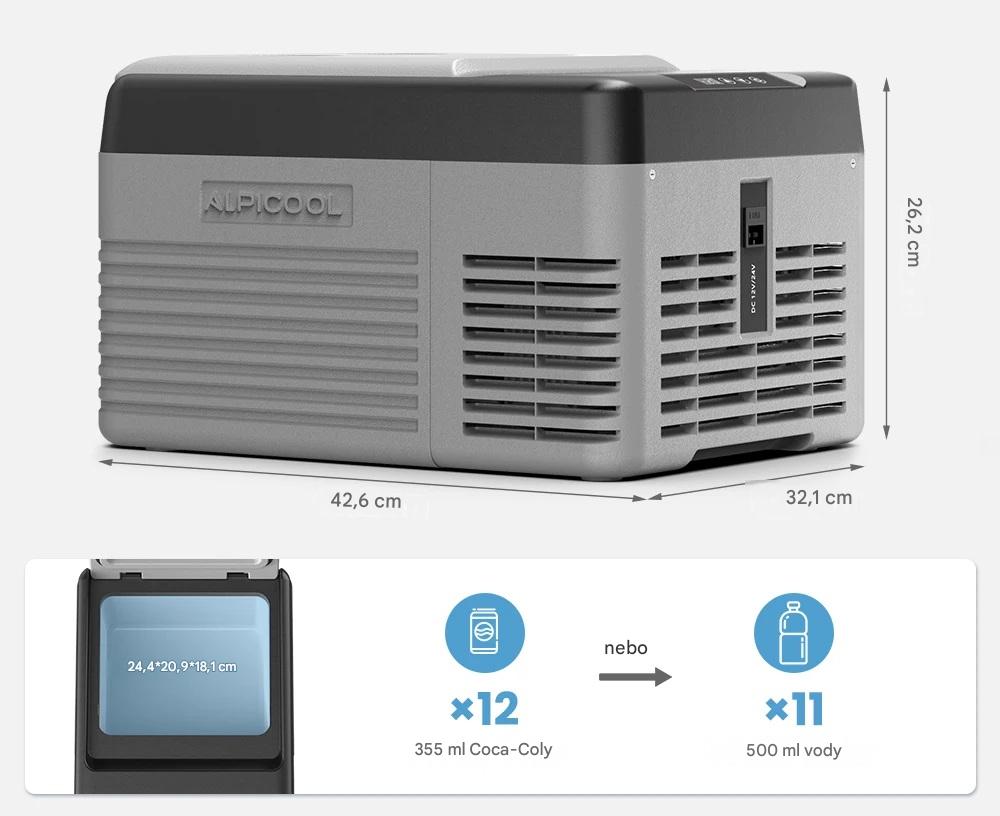 Autochladnička kompresorová Alpicool, autolednice, objem 9l, napájení 12V, 24V nebo 230V, LCD displej, šedá