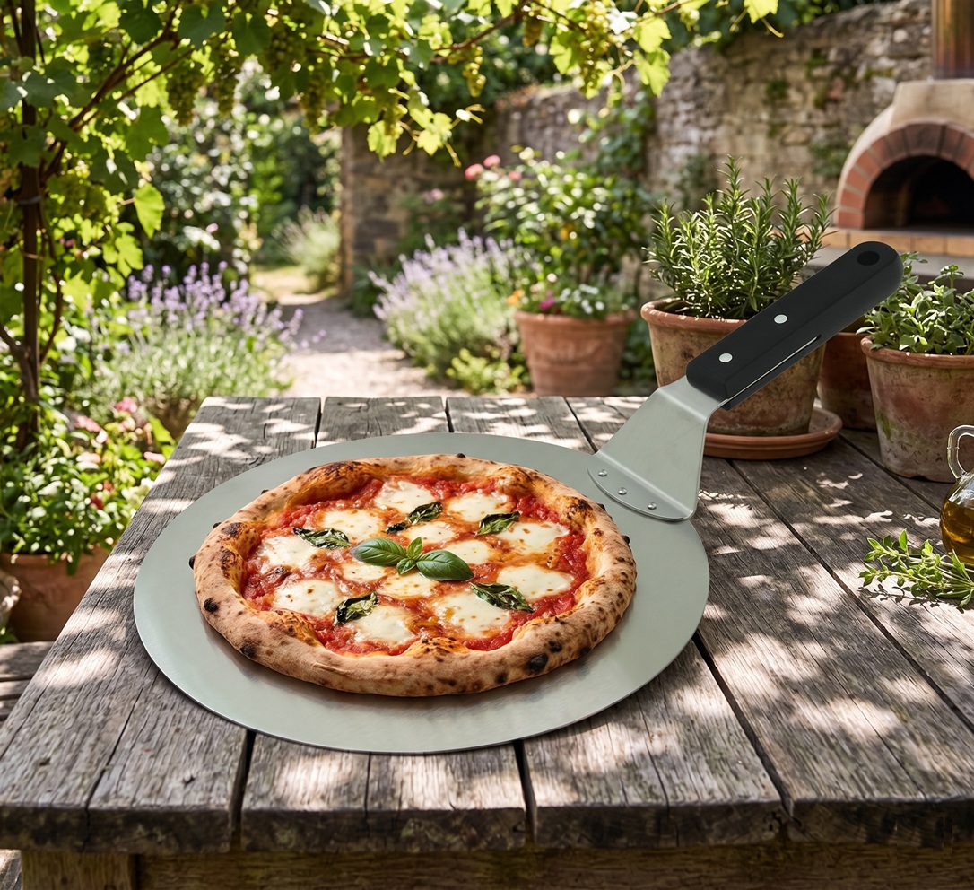Skládací nerezová lopata na pizzu s ergonomickou plastovou rukojetí kulatá průměr 25 cm