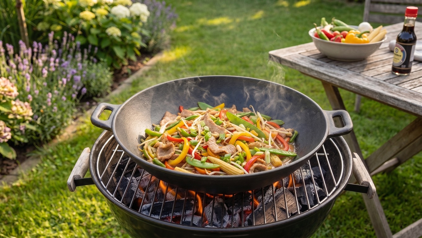Masivní litinová grilovací pánev WOK o průměru 31 cm