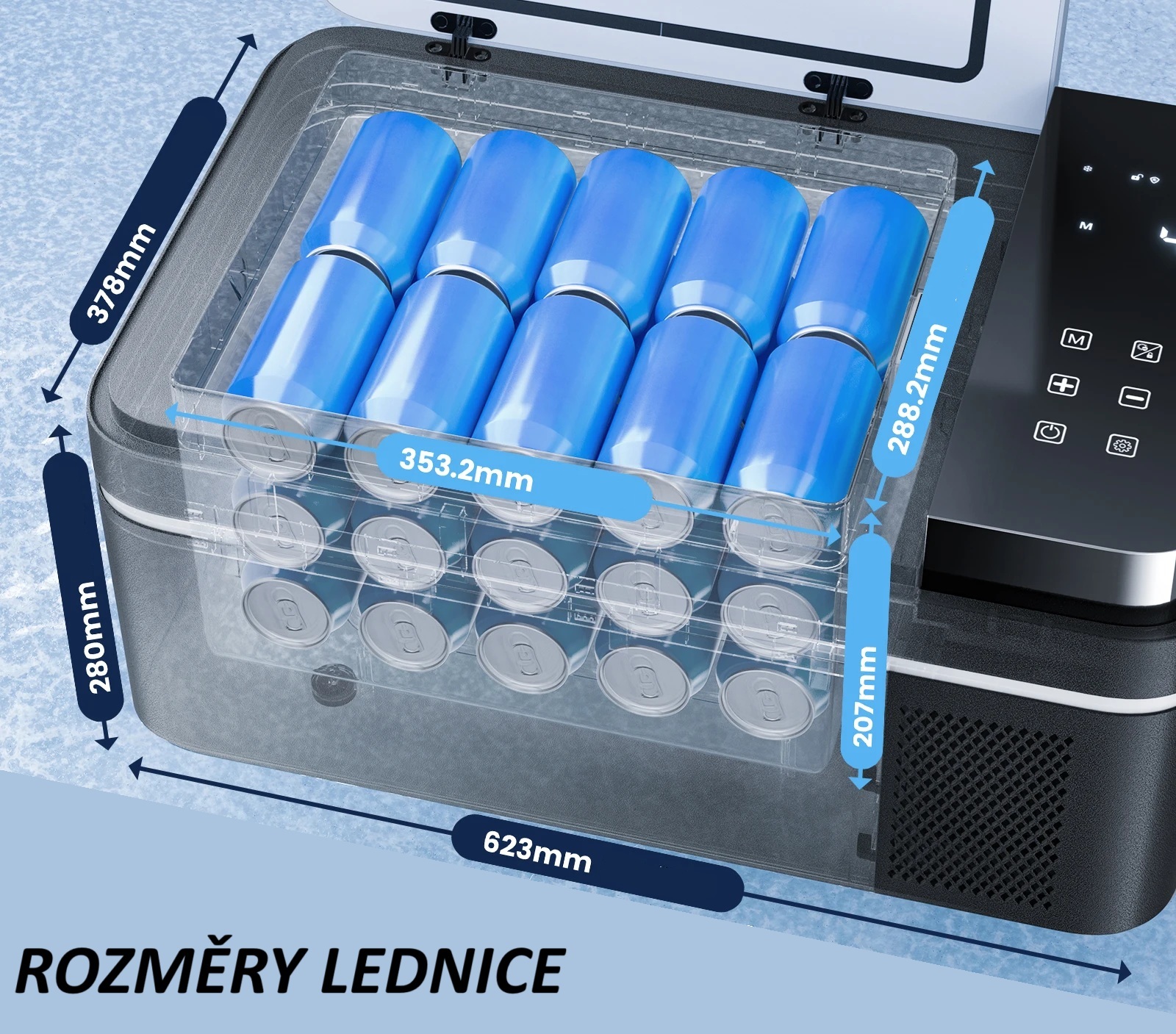 Autochladnička kompresorová, autolednice, objem 20l, napájení 12V, 24V nebo 230V, LCD displej, vnitřní osvětlení