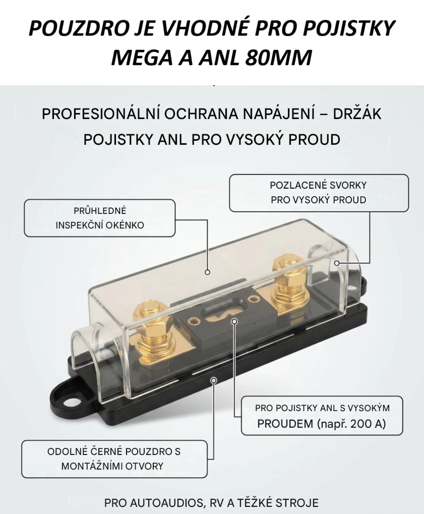 Pouzdro transparentní pro pojistku MEGA pro systémy s napětím 12-32V, držák pojistky ANL o délce 80mm
