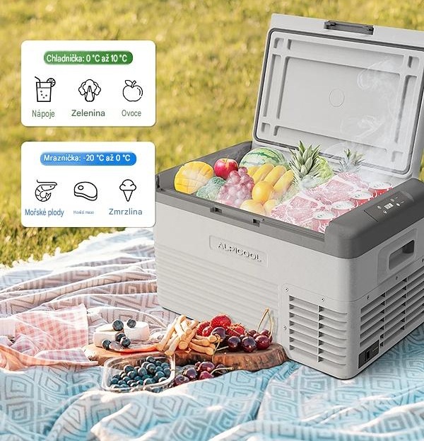 Autochladnička Alpicool kompresorová, autolednice, objem 29l, napájení 12V, 24V nebo 230V, LCD displej
