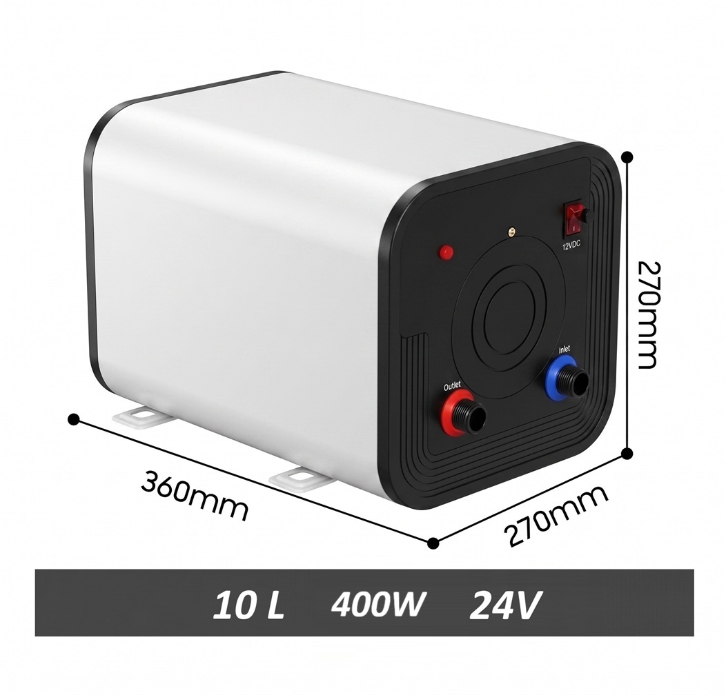 Elektrický nerezový bojler 10L pro kamiony, karavany, lodě s napětím 24V/400W (18A)