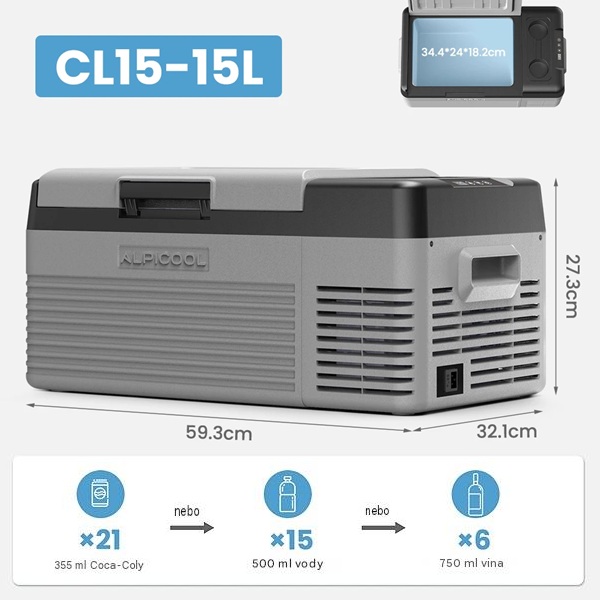 Autochladnička kompresorová Alpicool, autolednice, objem 15l, napájení 12V, 24V nebo 230V, LCD displej, bluetooth aplikace