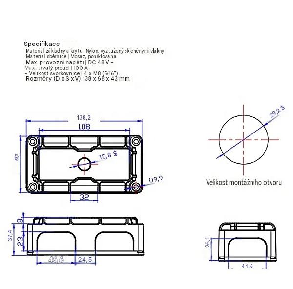 Propojovací termínál 4x M8 silová sběrnice (Bus Bar) 300 A / 48 V – rozvodný blok z pocínované mědi - červený