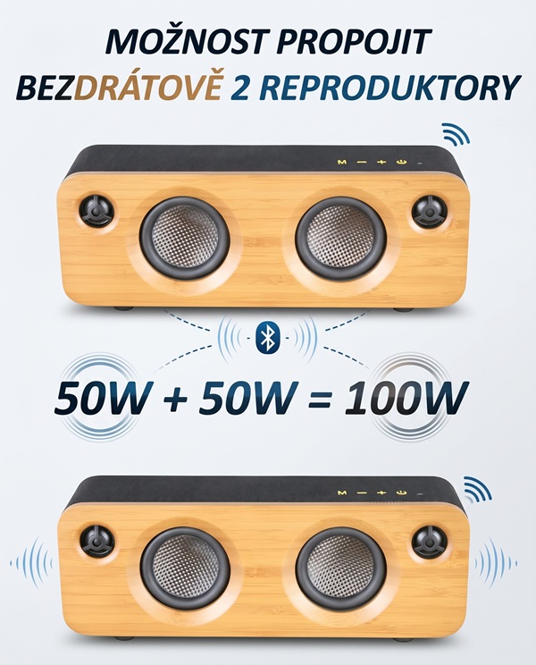 Bezdrátový reproduktor EPPE s výkonem 50W, barva přírodní bambus, podpora bezdrátového Bluetooth, linkového vstupu AUX 3,5 mm, USB portu i slotu na TF karty