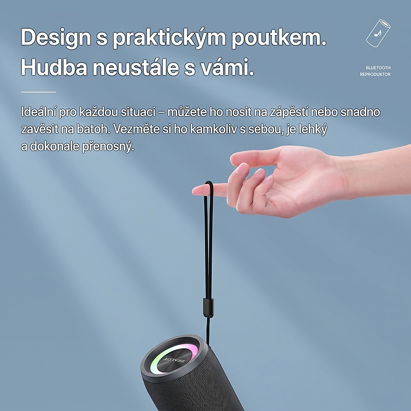 Bezdrátový reproduktor ZEO s výkonem 40W, barva černá, podpora bezdrátového Bluetooth, linkového vstupu AUX 3,5 mm, USB portu i slotu na TF karty, kapacita baterie 4000 mAh, IPX7