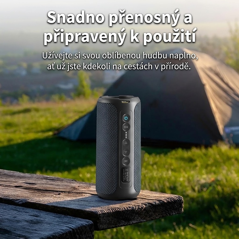 Bezdrátový reproduktor OTZ s výkonem 40W, barva černá, podpora bezdrátového Bluetooth, linkového vstupu AUX 3,5 mm, USB portu i slotu na TF karty, kapacita baterie 6600 mAh, IPX7