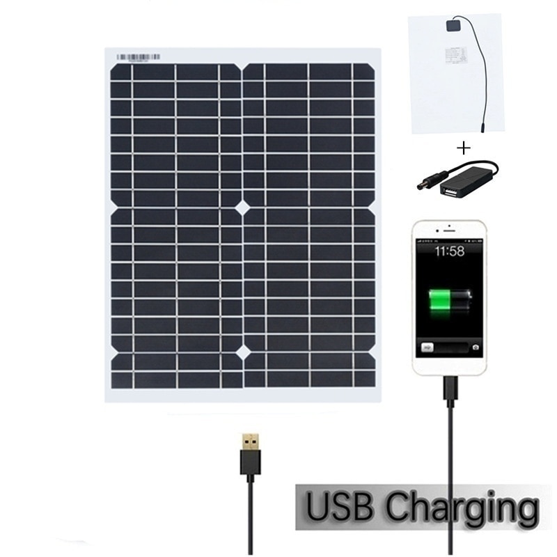 Flexibilní solární panel 20Wp, 18V, kabel na připojení k baterii 12V, konektor pro USB nabíjení, možnost nabíjení přes autozapalovač