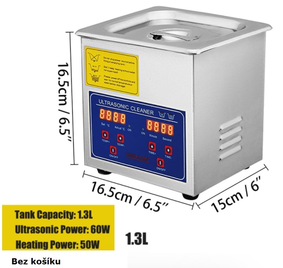 Ultrazvuková čistička s digitálním nastavením teploty a časovačem, objem nádrže 1,3 litry, 40 Khz
