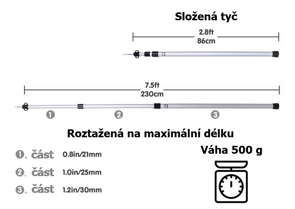 Teleskopická stanová tyč 2x, délka 86 - 230 cm