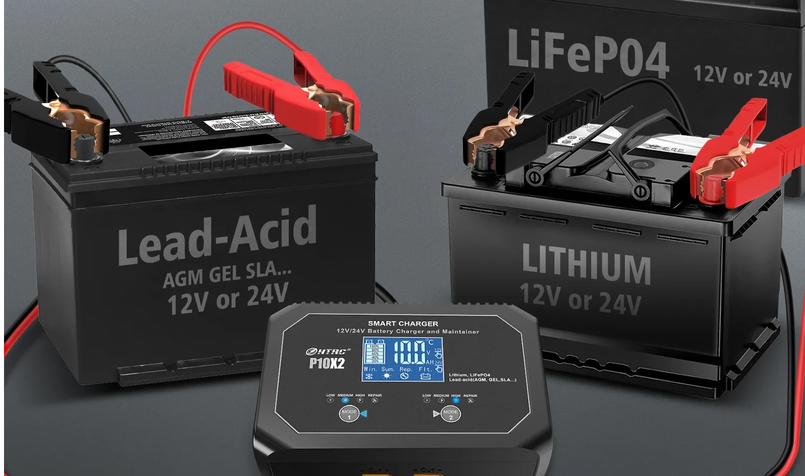 Nabíječka duální s mikroprocesorem 2x10A 12V nebo 24V (2x5A) PB/GEL/AGM/LiFePO4 LCD displej