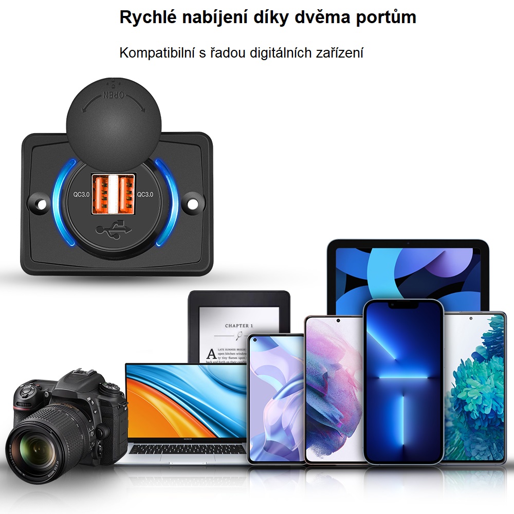 Duální USB nabíječka zásuvka pro nabíjení do karavanu 2x QC3 12V-24V