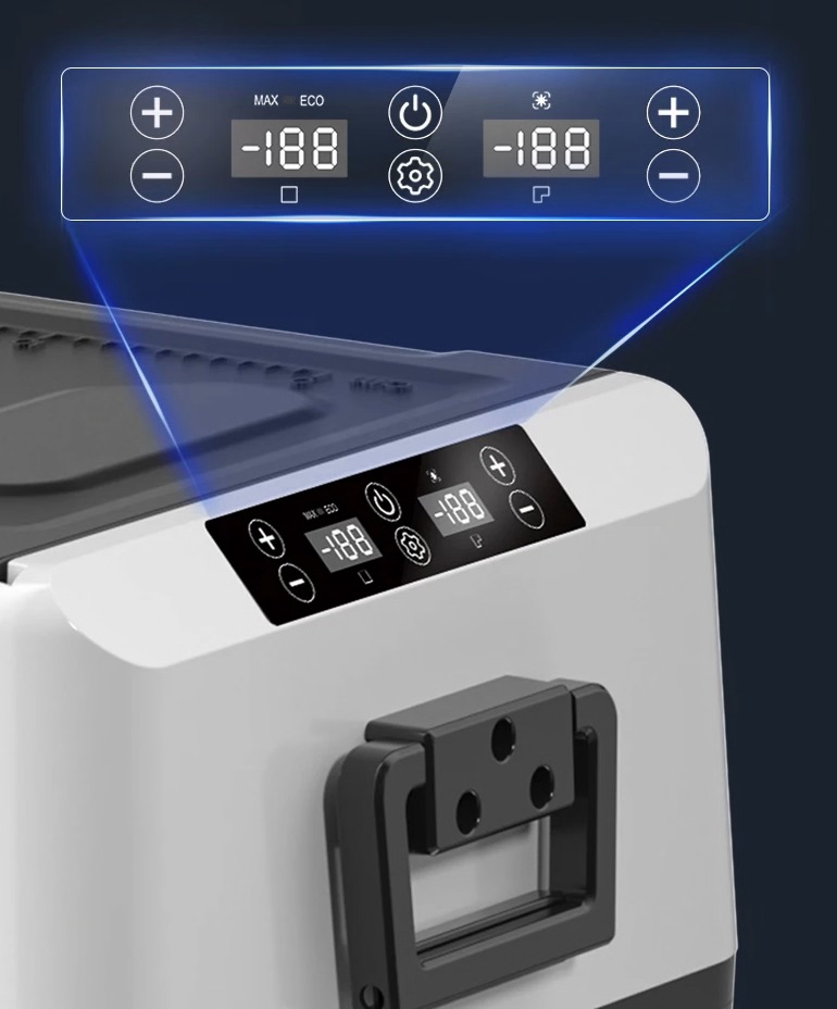 Autochladnička kompresorová, dvouzonová autolednice, objem 35l, napájení 12V, 24V nebo 230V, LCD displej, odnímatelná přepážka