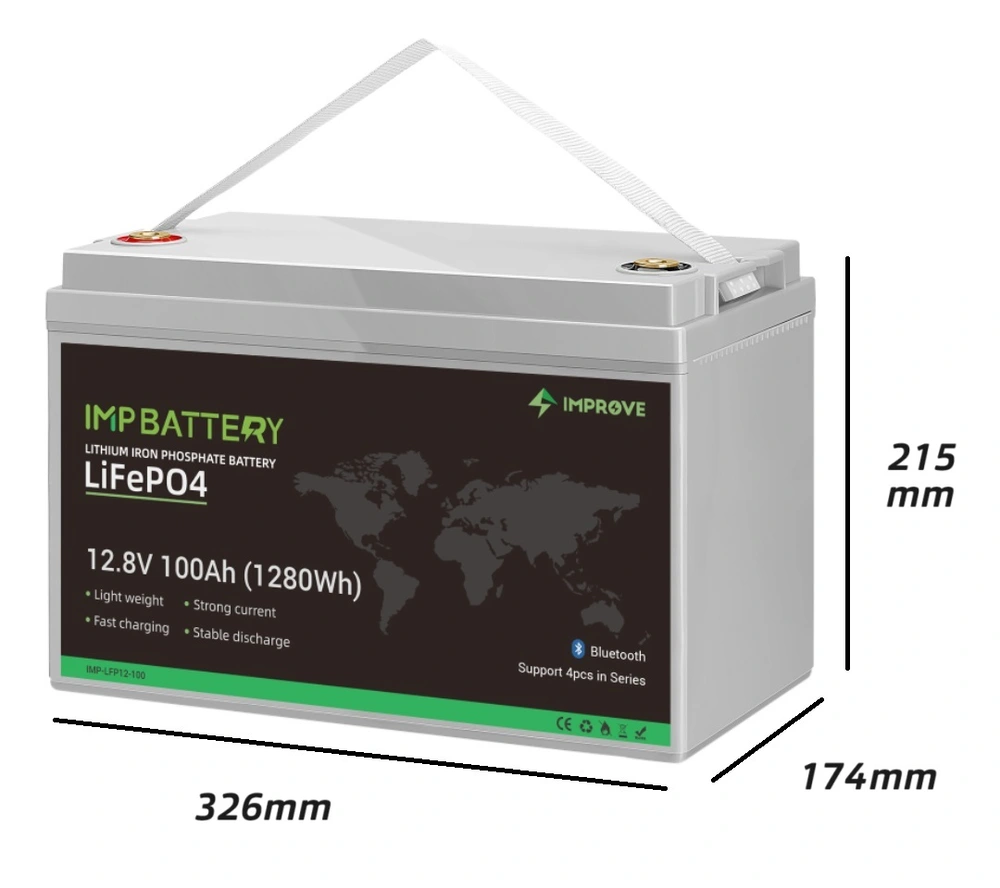 Baterie LiFePO4 12,8V 100Ah, 1280Wh, USB výstup, bluetooth smart BMS, Lithium-železo-fosfátová baterie, šedá