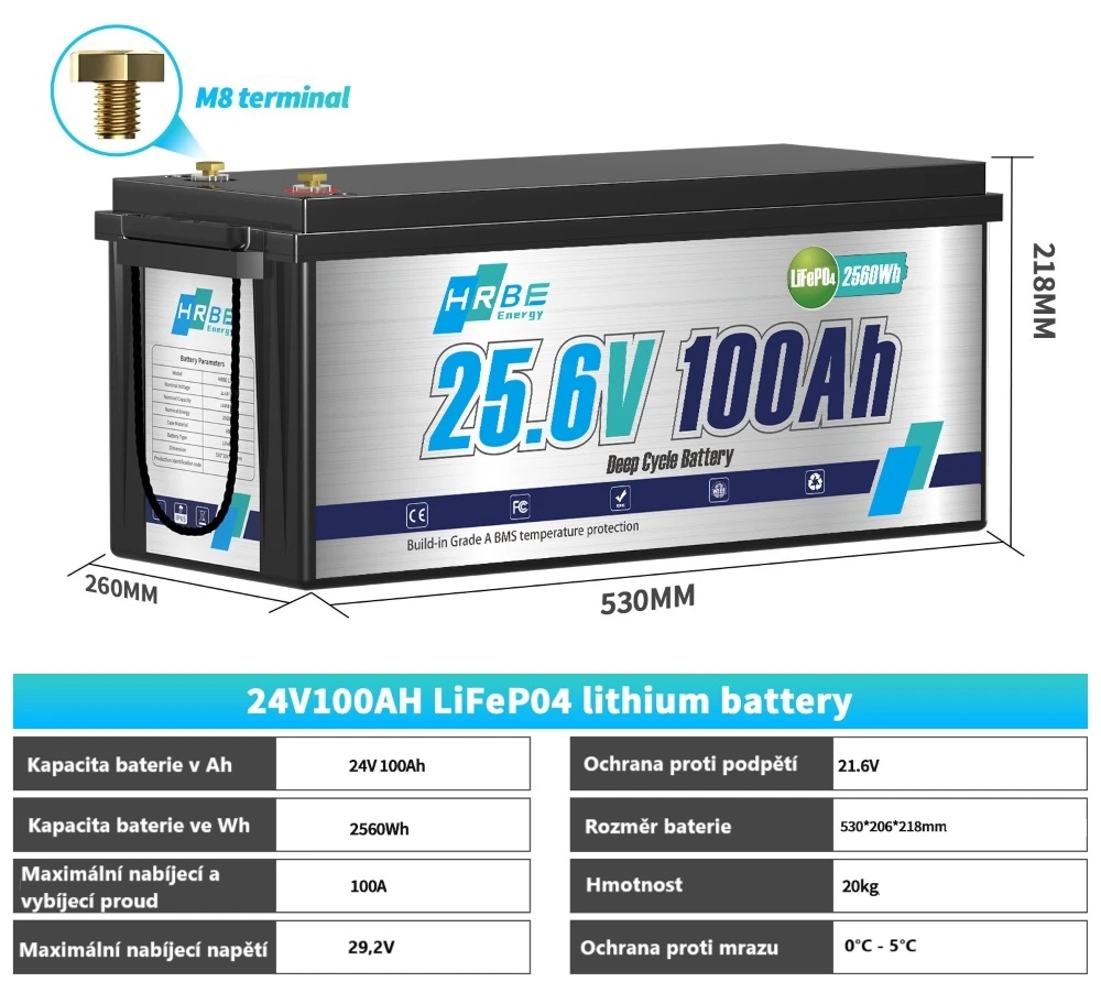 Baterie LiFePO4 25,6V (24V) 100Ah, 2560Wh, včetně nabíječky 5A, Lithium-železo-fosfátová baterie, BMS